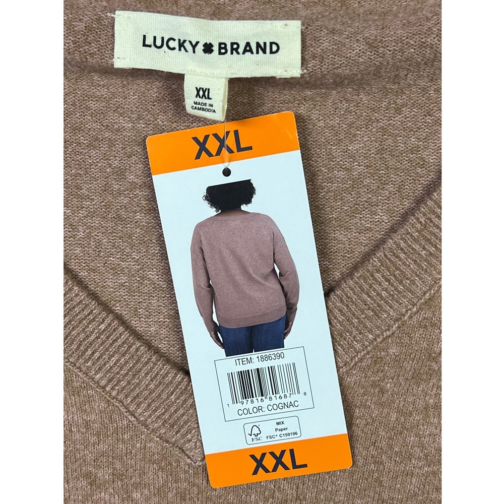 Lucky Brand V-Neck Sweater XXL Cognac Brown Long Sleeve Relaxed Knit Top NEW - Picture 3 of 9